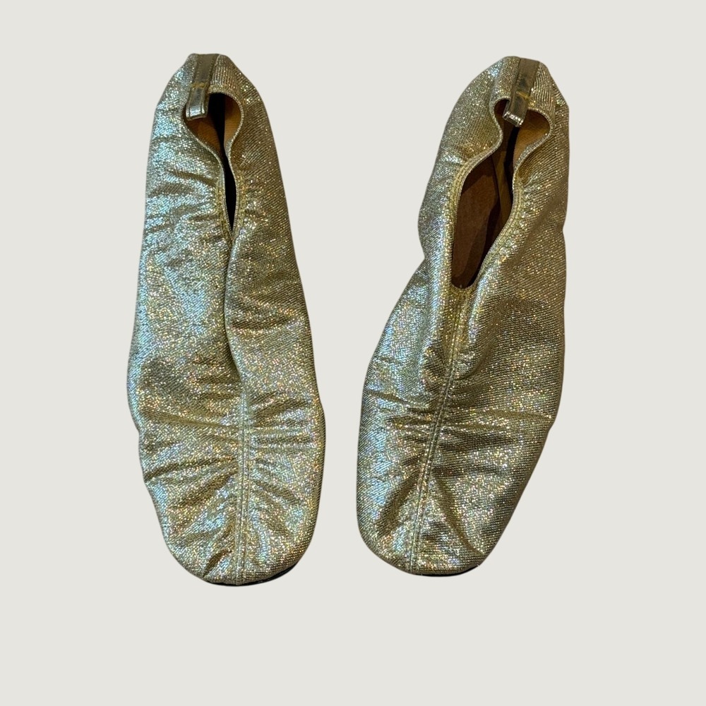 Vintage 70s Gold Lurex Disco Ballet Flats Block Heel Size 9-10